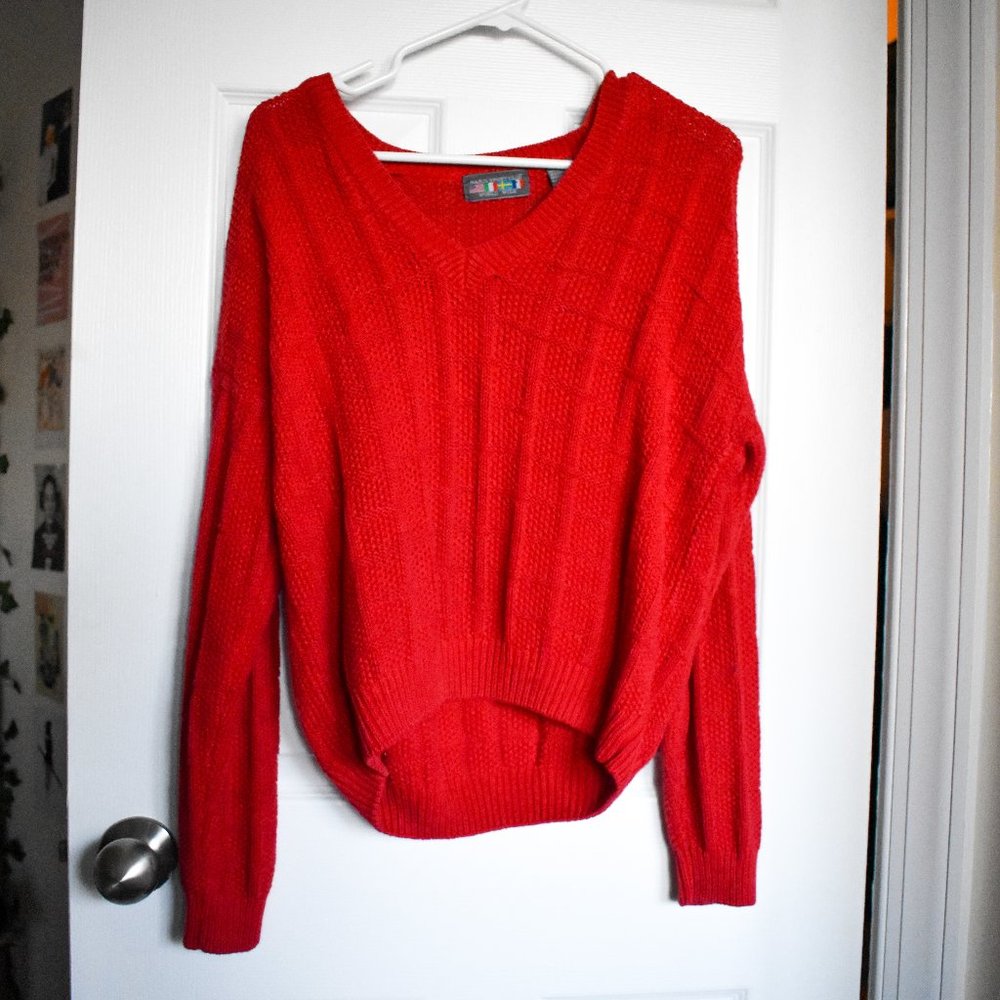 Vintage Red Slouchy V-Neck Knit Sweater Size Small